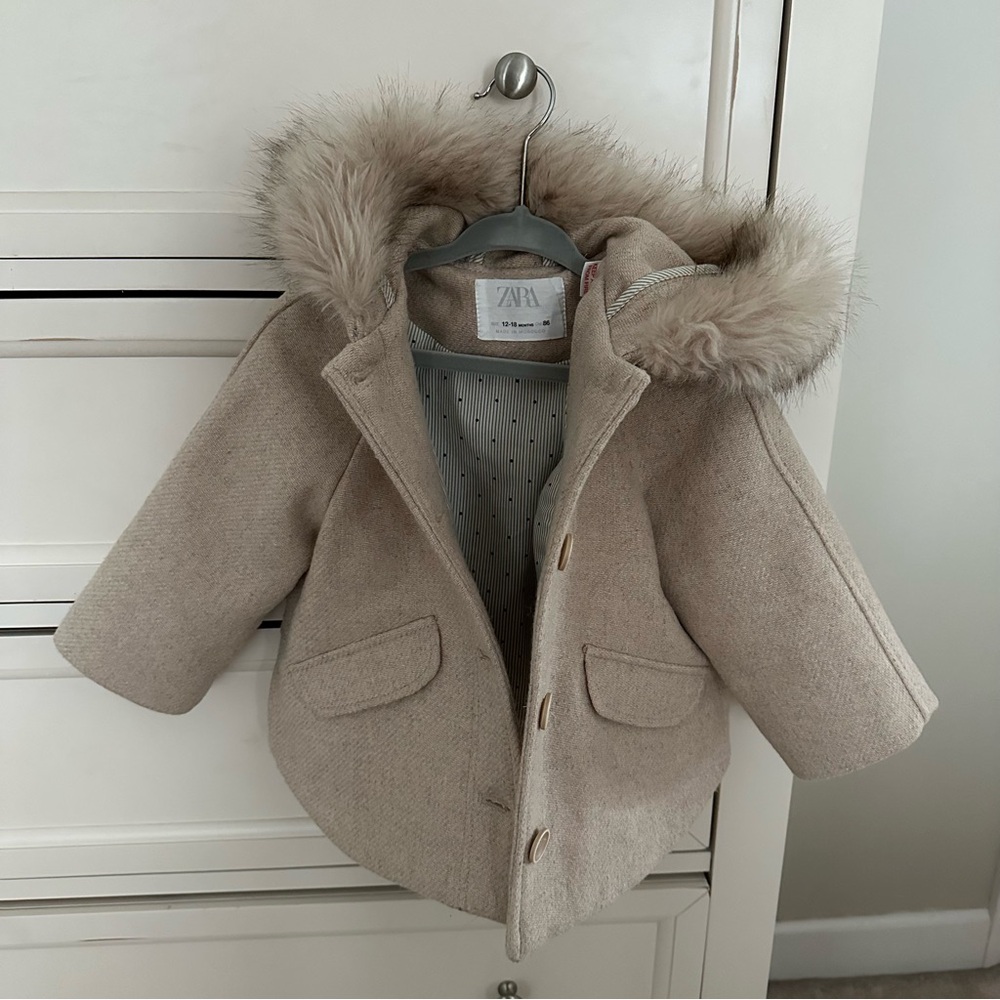 Zara Kids Tan Fur-Trimmed Pea Coat